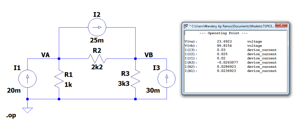 Análise pelo método dos nós, simulação no LTSpice