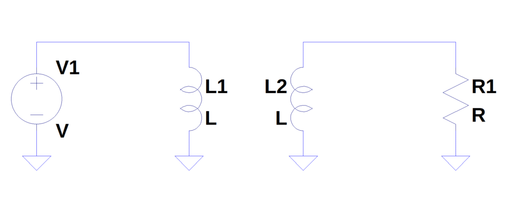 Circuito com dois indutores, uma fonte de alimentação e um resistor